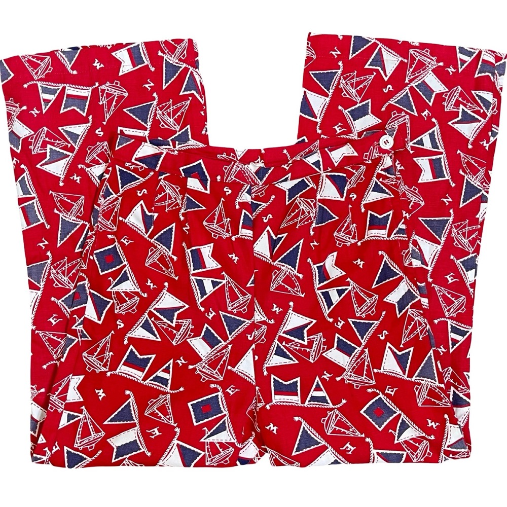 Vintage Sailboat Print High Waist Wide Leg Trousers Women 30" Red Nautical Flags